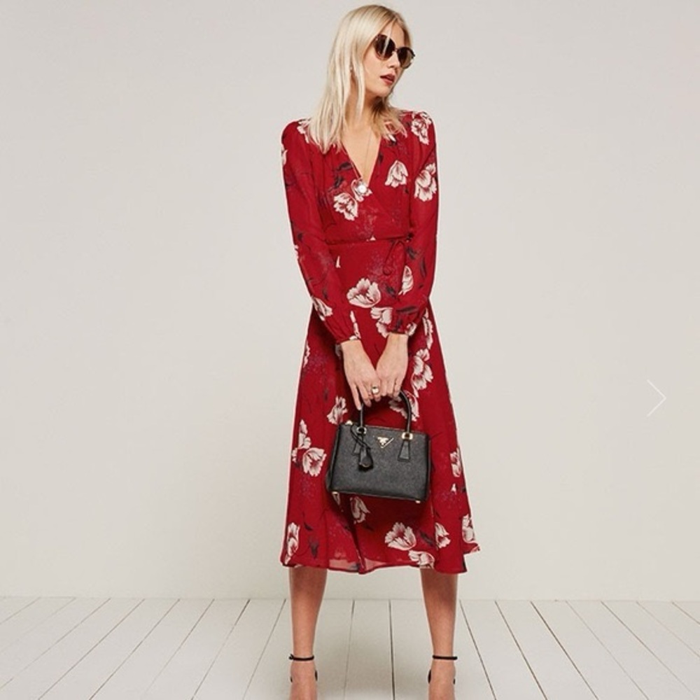 Reformation Red Floral Wrap Dress